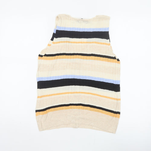 M&S Women Multicoloured UK 12 Striped V-Neck Linen Blend Tank Top