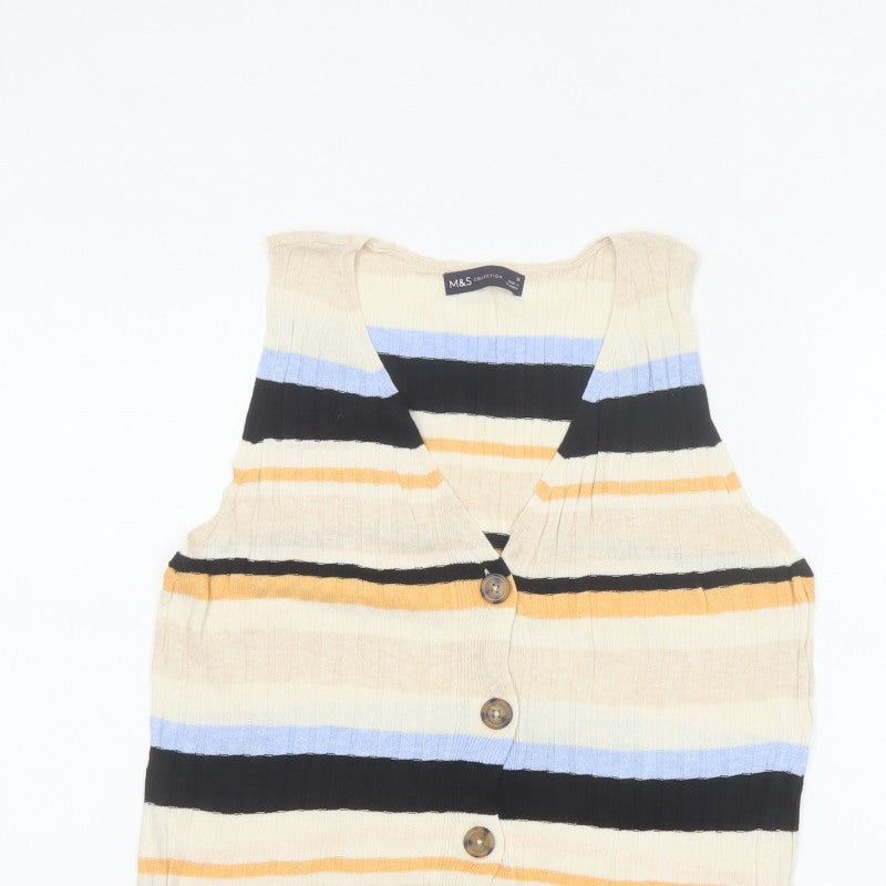 M&S Women Multicoloured UK 12 Striped V-Neck Linen Blend Tank Top