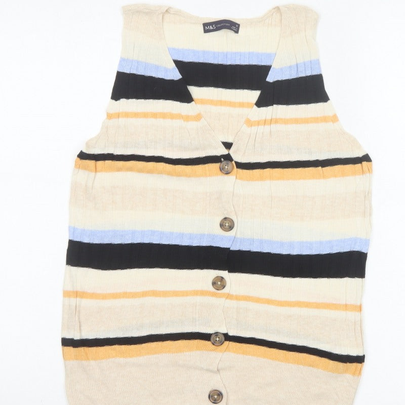 M&S Women Multicoloured UK 12 Striped V-Neck Linen Blend Tank Top