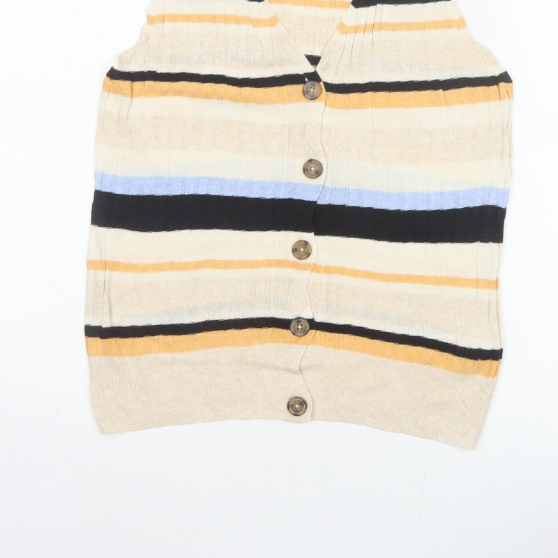 M&S Women Multicoloured UK 12 Striped V-Neck Linen Blend Tank Top