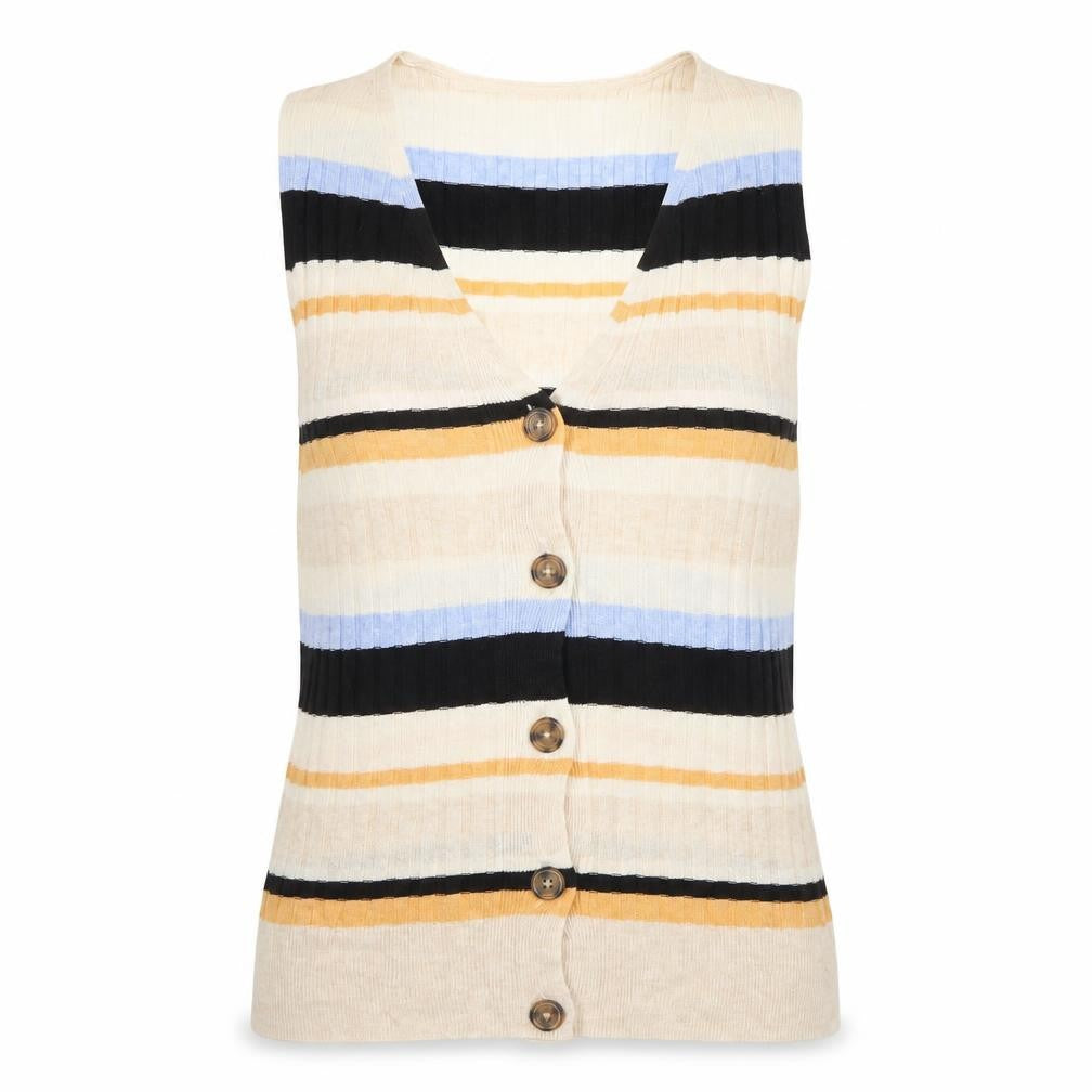 M&S Women Multicoloured UK 12 Striped V-Neck Linen Blend Tank Top