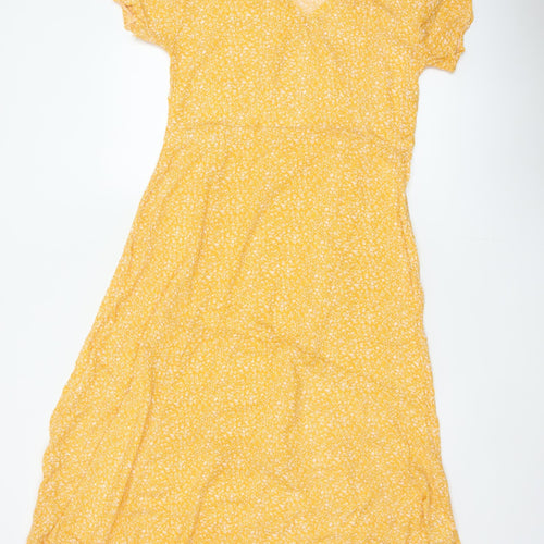 Indi & Cold Women Yellow M Long A-Line Floral V-Neck Viscose Dress