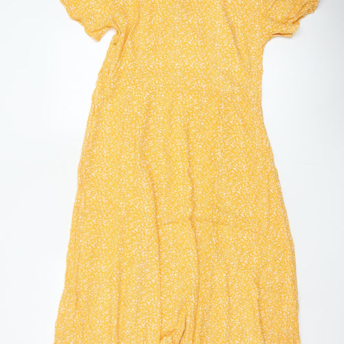 Indi & Cold Women Yellow M Long A-Line Floral V-Neck Viscose Dress