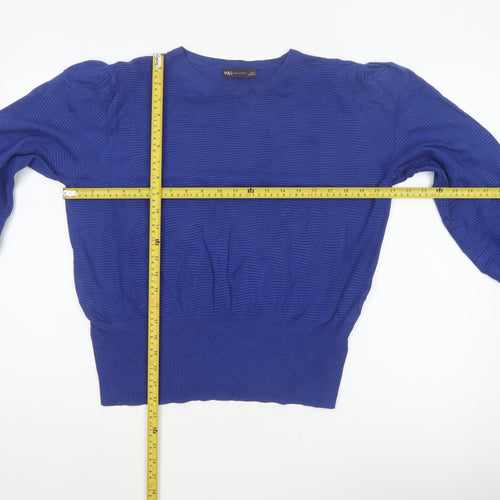 Marks & Spencer Women Blue L Geometric Puff Sleeve Knit Jumper