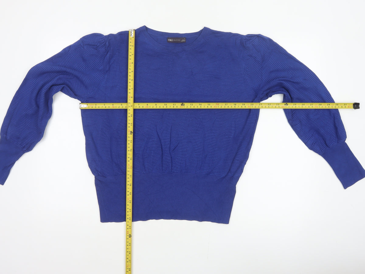 Marks & Spencer Women Blue L Geometric Puff Sleeve Knit Jumper