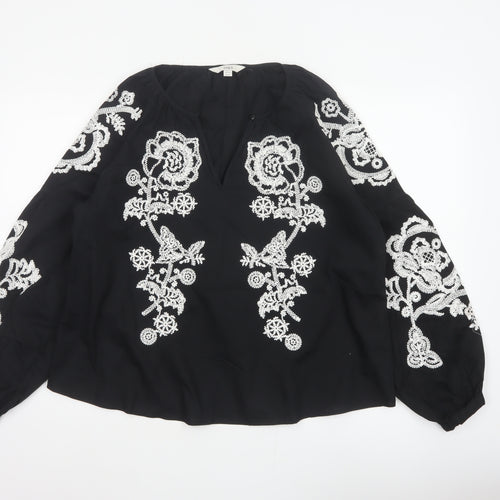 Marks and Spencer Women Black Size 12 Embroidered Floral V-Neck Blouse