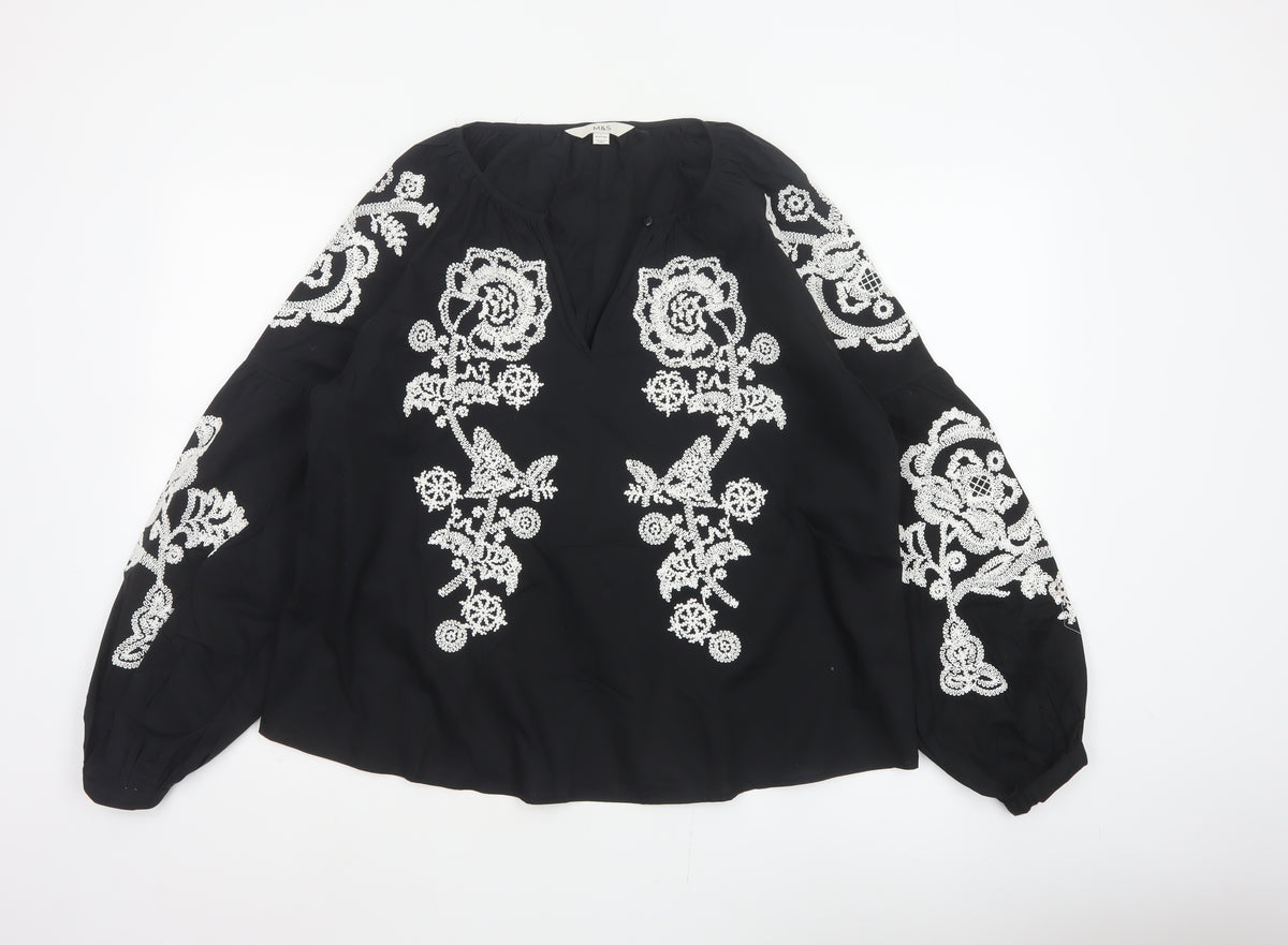 Marks and Spencer Women Black Size 12 Embroidered Floral V-Neck Blouse