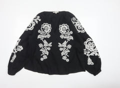 Marks and Spencer Women Black Size 12 Embroidered Floral V-Neck Blouse