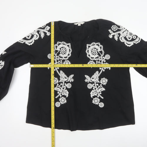 Marks and Spencer Women Black Size 12 Embroidered Floral V-Neck Blouse