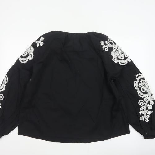 Marks and Spencer Women Black Size 12 Embroidered Floral V-Neck Blouse
