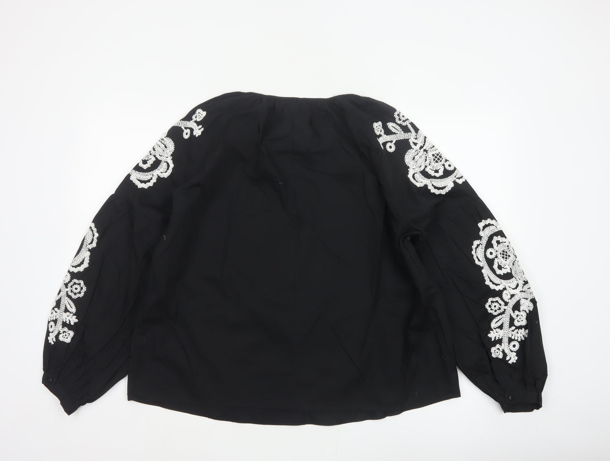 Marks and Spencer Women Black Size 12 Embroidered Floral V-Neck Blouse