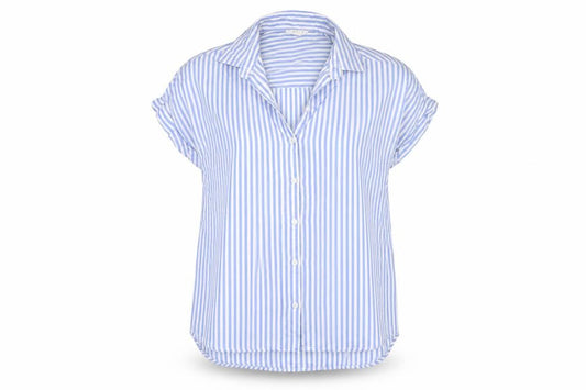 beachlunchlounge Women Blue Striped S Short Sleeve Button-Up Shirt