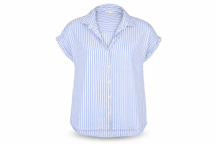 beachlunchlounge Women Blue Striped S Short Sleeve Button-Up Shirt