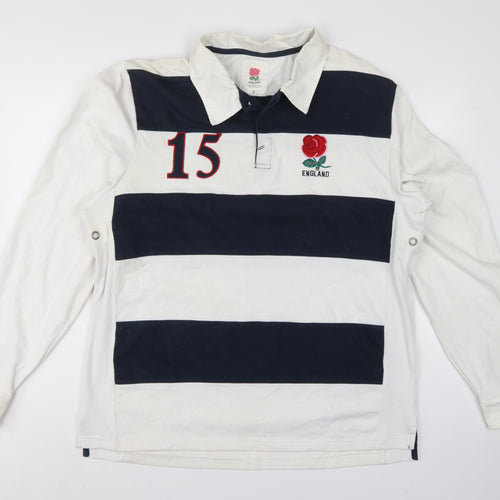 England Men’s 2XL White Navy Striped Long Sleeve Rugby Polo