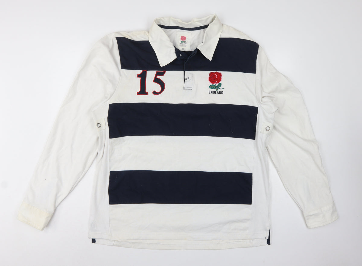 England Men’s 2XL White Navy Striped Long Sleeve Rugby Polo