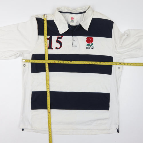 England Men’s 2XL White Navy Striped Long Sleeve Rugby Polo