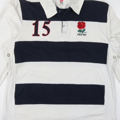 England Men’s 2XL White Navy Striped Long Sleeve Rugby Polo