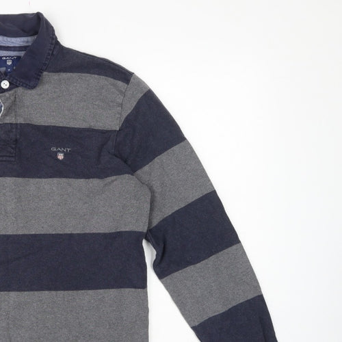 GANT Men’s Grey Navy Striped Long Sleeve Cotton Polo Shirt Size M