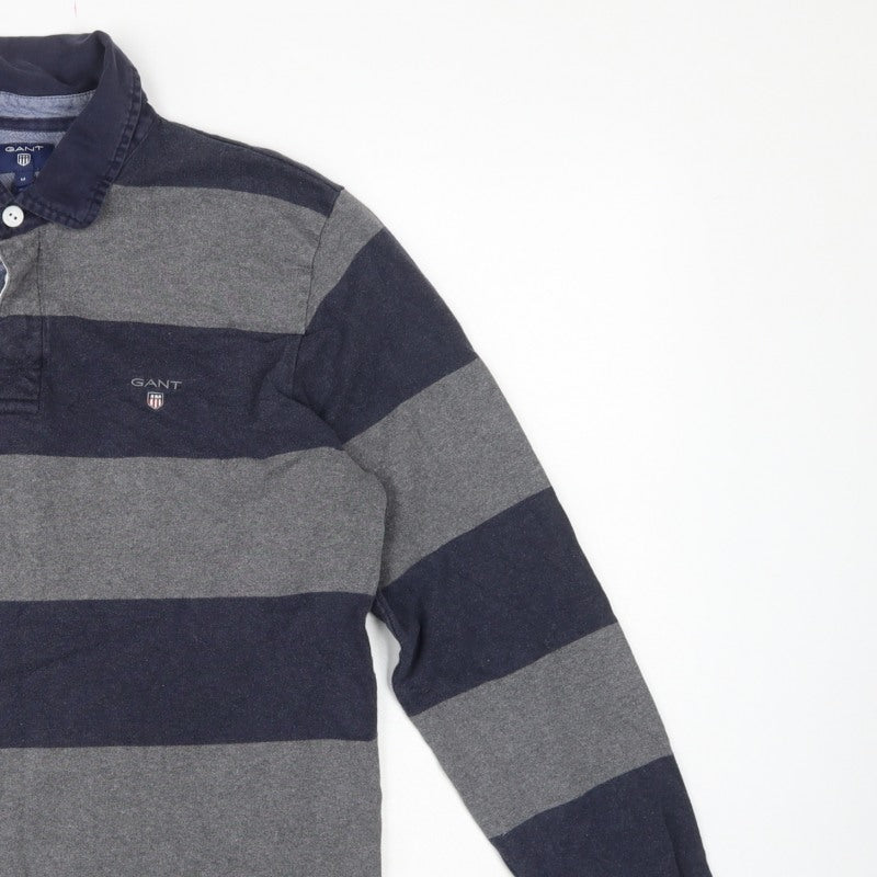 GANT Men’s Grey Navy Striped Long Sleeve Cotton Polo Shirt Size M