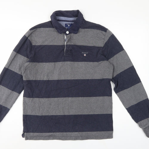 GANT Men’s Grey Navy Striped Long Sleeve Cotton Polo Shirt Size M