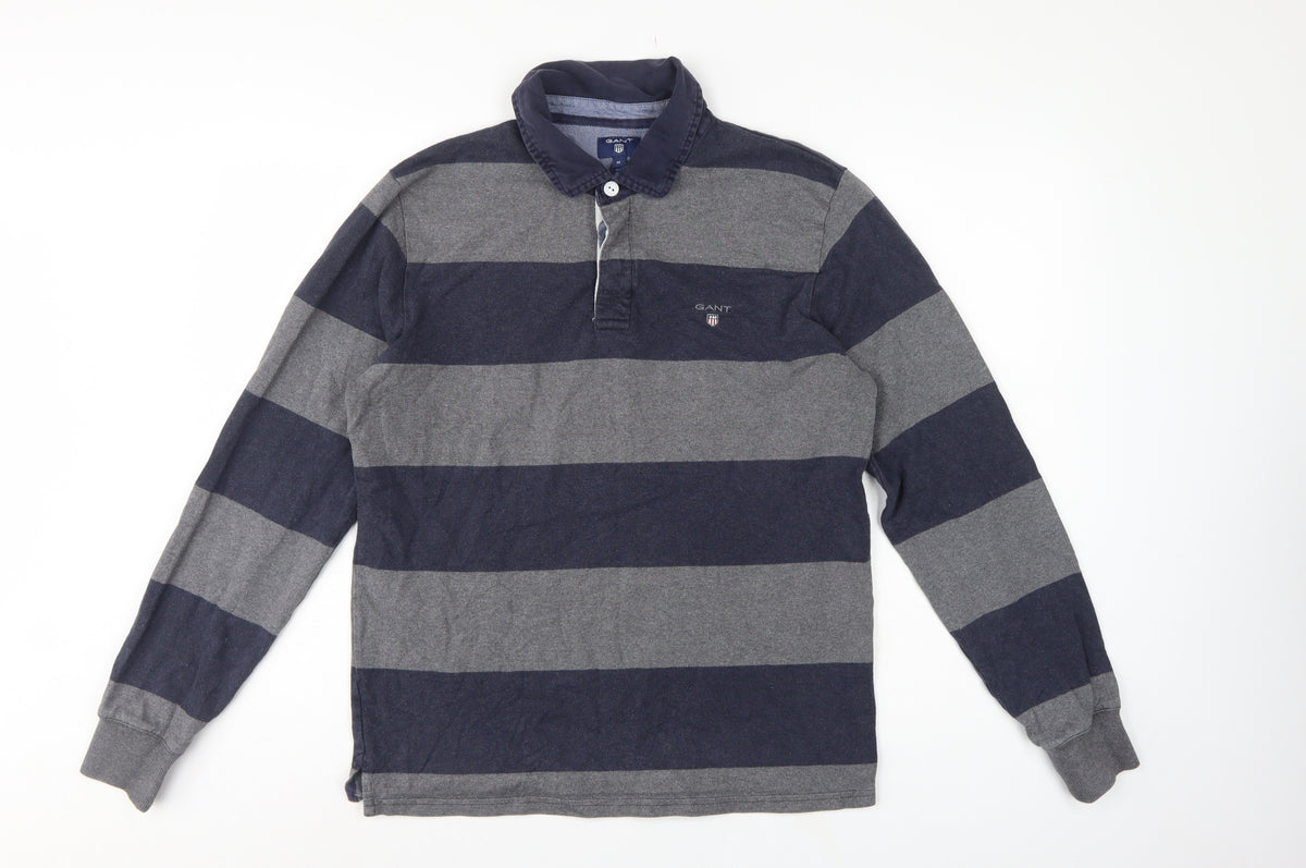 GANT Men’s Grey Navy Striped Long Sleeve Cotton Polo Shirt Size M