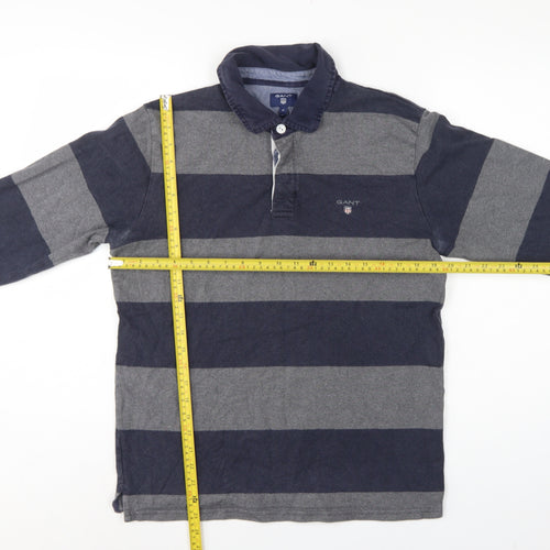 GANT Men’s Grey Navy Striped Long Sleeve Cotton Polo Shirt Size M