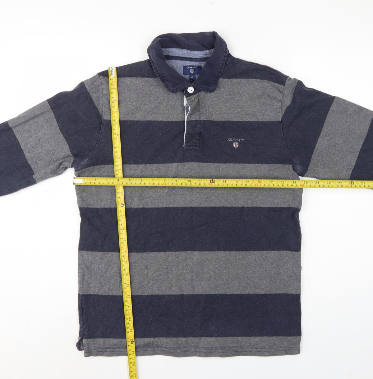 GANT Men’s Grey Navy Striped Long Sleeve Cotton Polo Shirt Size M