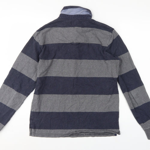 GANT Men’s Grey Navy Striped Long Sleeve Cotton Polo Shirt Size M