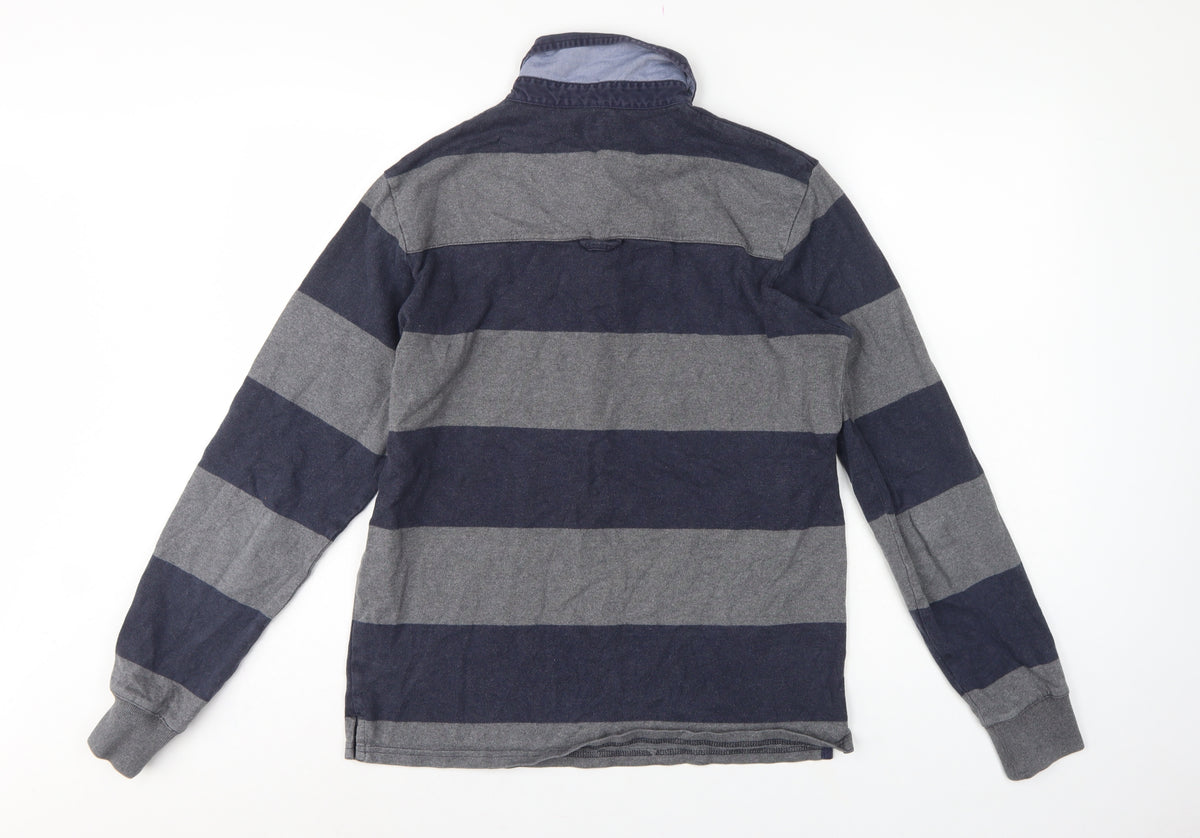 GANT Men’s Grey Navy Striped Long Sleeve Cotton Polo Shirt Size M