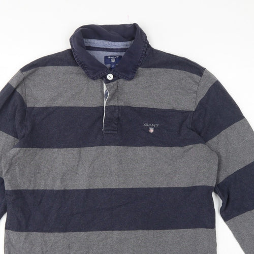 GANT Men’s Grey Navy Striped Long Sleeve Cotton Polo Shirt Size M