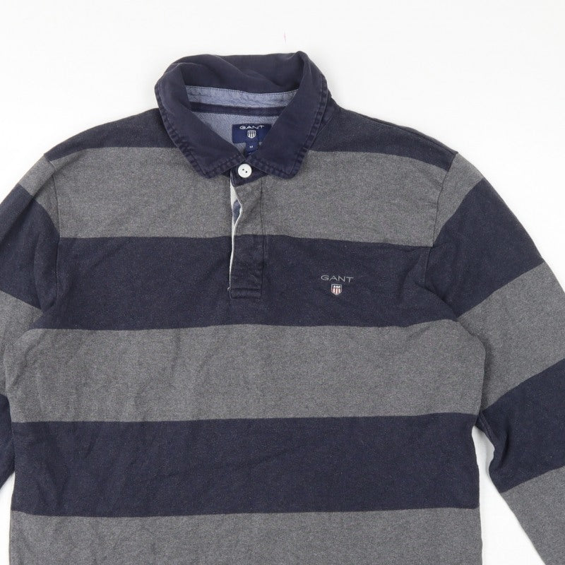 GANT Men’s Grey Navy Striped Long Sleeve Cotton Polo Shirt Size M