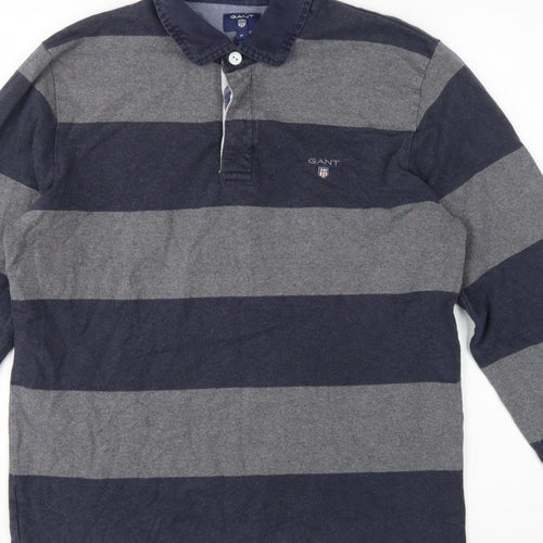 GANT Men’s Grey Navy Striped Long Sleeve Cotton Polo Shirt Size M