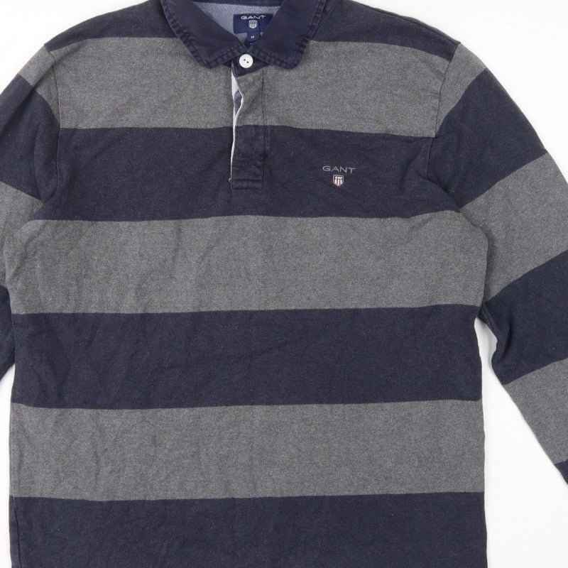 GANT Men’s Grey Navy Striped Long Sleeve Cotton Polo Shirt Size M