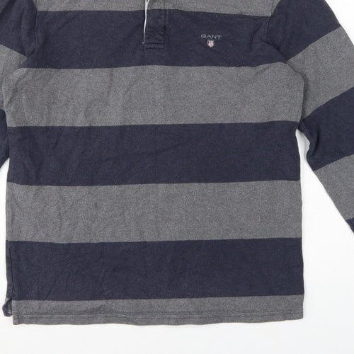 GANT Men’s Grey Navy Striped Long Sleeve Cotton Polo Shirt Size M