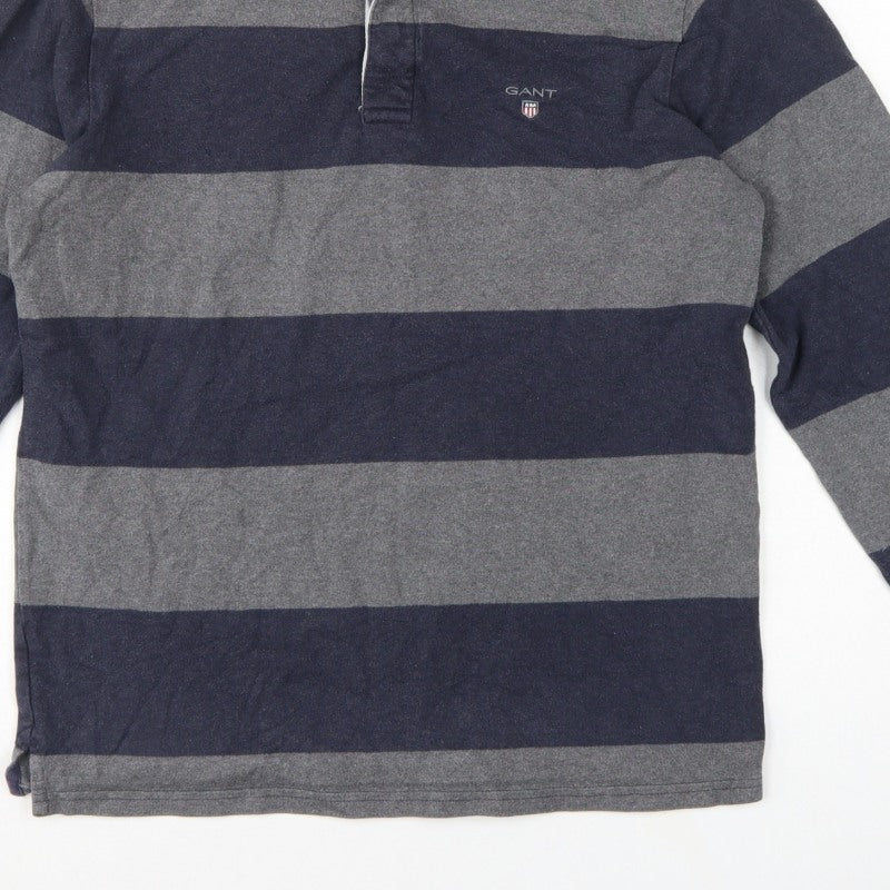 GANT Men’s Grey Navy Striped Long Sleeve Cotton Polo Shirt Size M