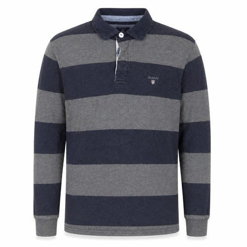 GANT Men’s Grey Navy Striped Long Sleeve Cotton Polo Shirt Size M