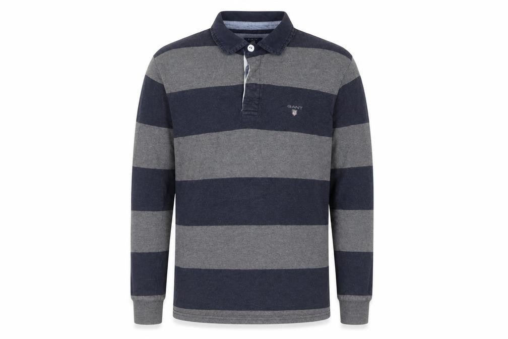 GANT Men’s Grey Navy Striped Long Sleeve Cotton Polo Shirt Size M