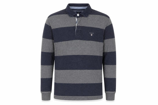 GANT Men’s Grey Navy Striped Long Sleeve Cotton Polo Shirt Size M