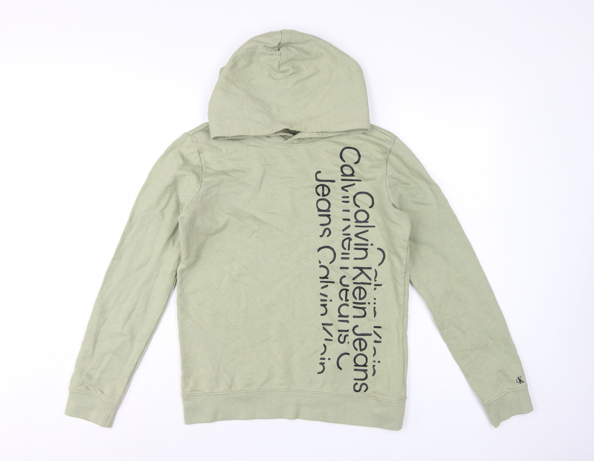 Calvin Klein Jeans Boys Green 16 Years Pullover Logo Hoodie Cotton