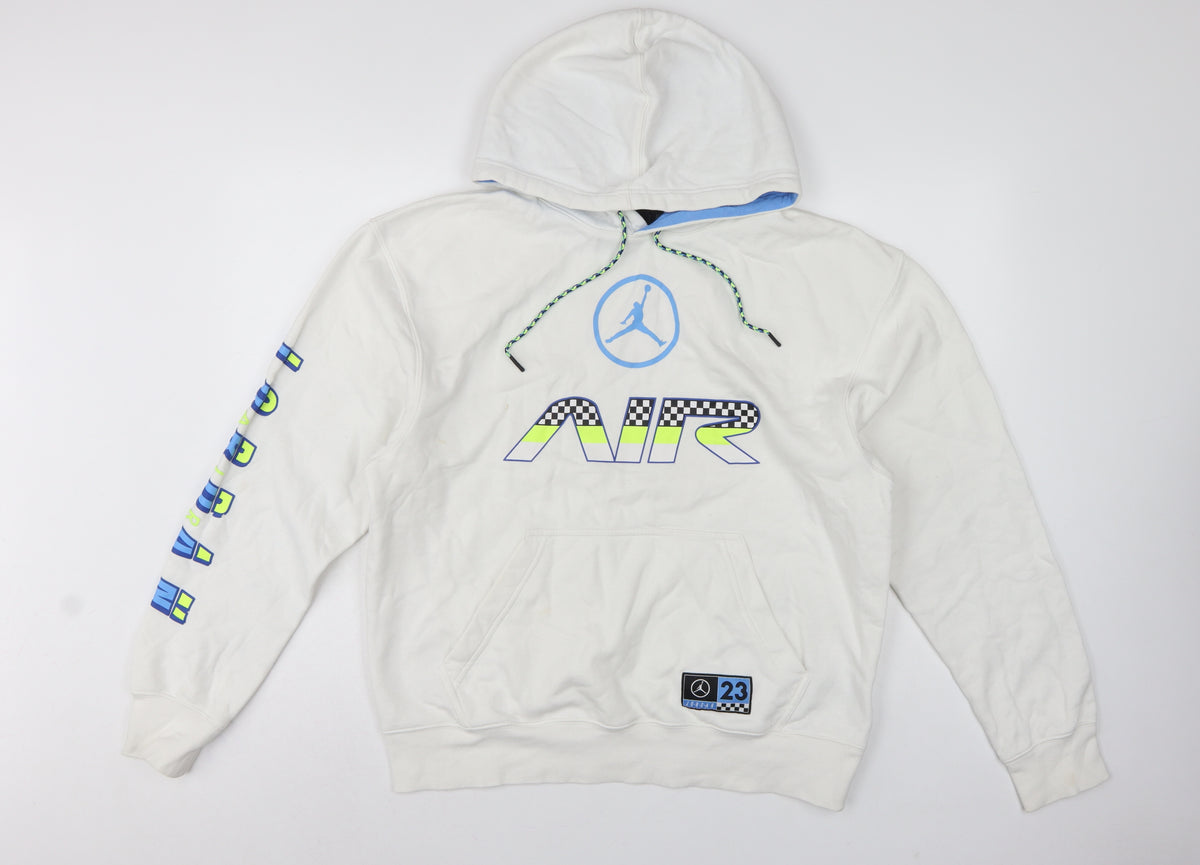 Back view of Jordan Men’s White M Pullover Hoodie Air Racing Graphic