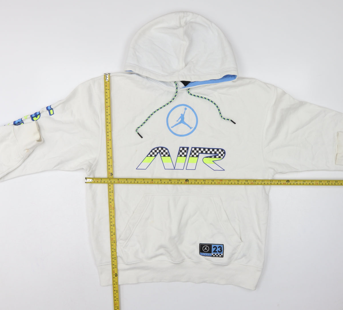 Close-up detail of Jordan Men’s White M Pullover Hoodie Air Racing Graphic