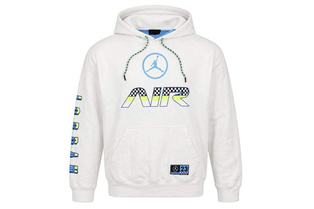 Front view of Jordan Men’s White M Pullover Hoodie Air Racing Graphic