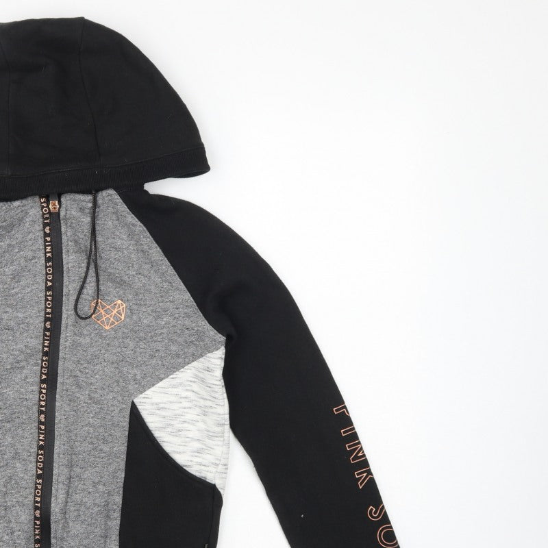 Pink Soda Sport Women's Black Grey Full Zip Hoodie UK 6 Colourblock