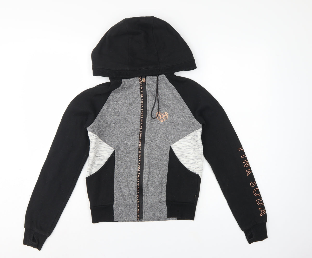 Pink Soda Sport Women's Black Grey Full Zip Hoodie UK 6 Colourblock