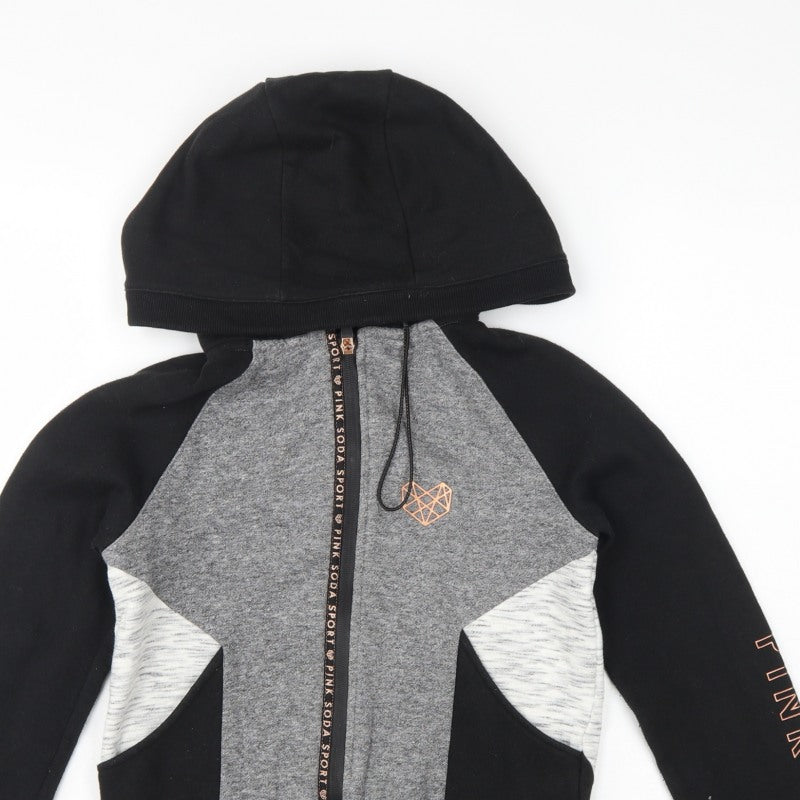 Pink Soda Sport Women's Black Grey Full Zip Hoodie UK 6 Colourblock