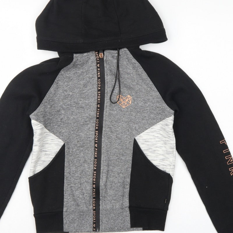 Pink Soda Sport Women's Black Grey Full Zip Hoodie UK 6 Colourblock