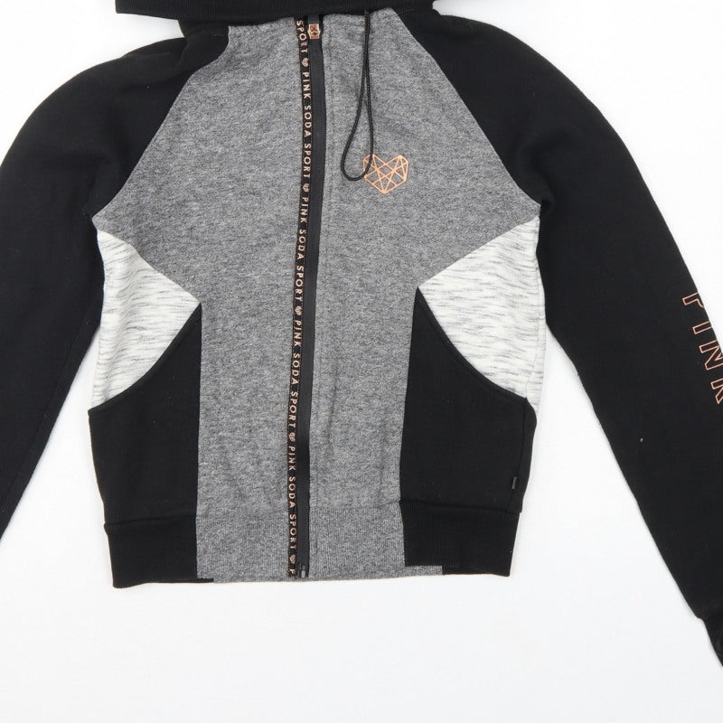 Pink Soda Sport Women's Black Grey Full Zip Hoodie UK 6 Colourblock