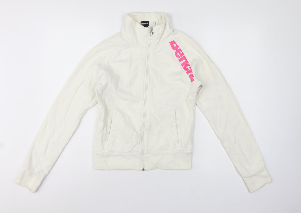 Bench Women’s White Pink Logo Full Zip Sweatshirt XS High Neck