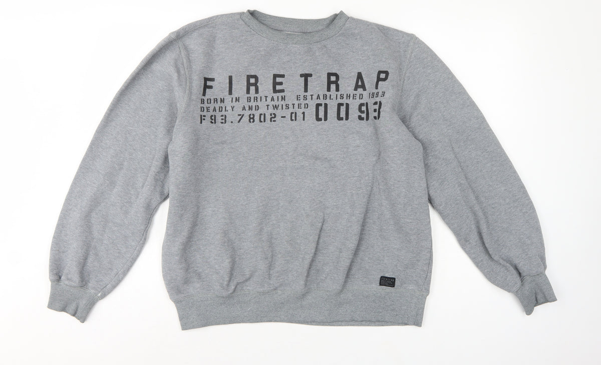 Firetrap Men’s Grey L Graphic Print Crew Neck Pullover Sweatshirt