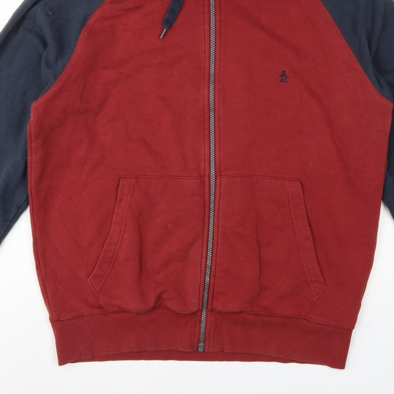 Penguin Mens Red Blue XL Full Zip Hooded Fleece Hoodie Logo